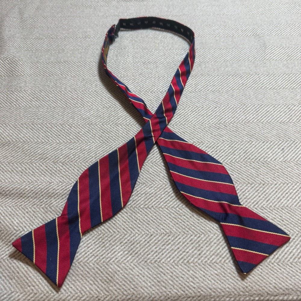 Brooks Brothers Makers Silk Bow Tie Navy Red Gold Repp Stripe Hand Made USA